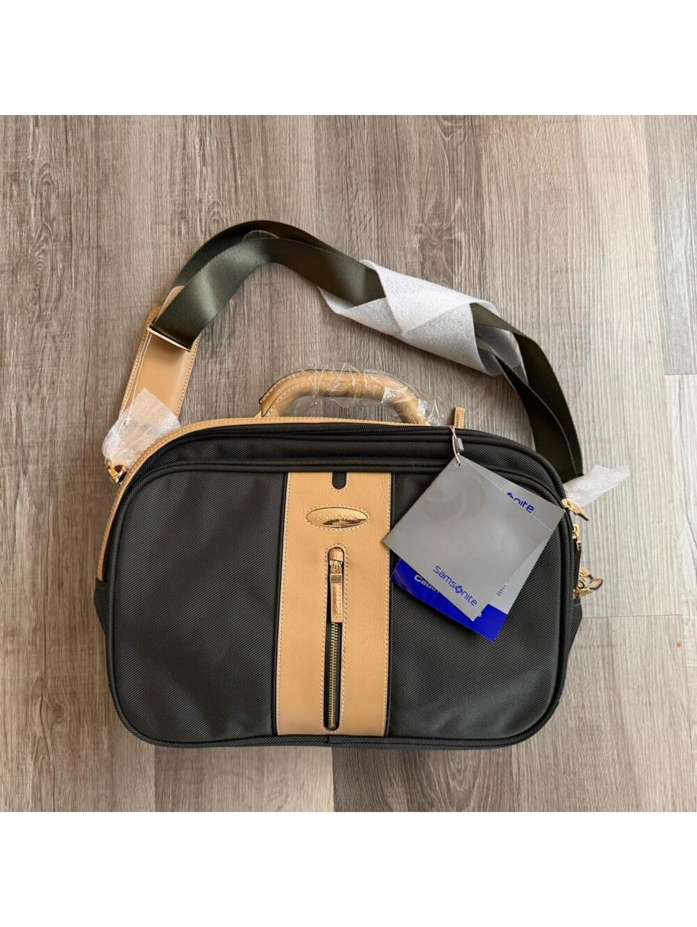NWT Samsonite Hommage 2 black & brown leather shoulder bag beige leather trim